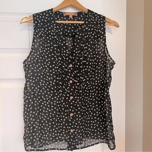 Ellen Tracy Polka Dot Blouse Size Large Black Tan Pleated Button Front S…